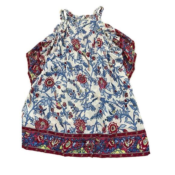 Point Sur Women's Red Blue Floral Print Ruffle Block Print Blouse Top Size 12 - Picture 3 of 15